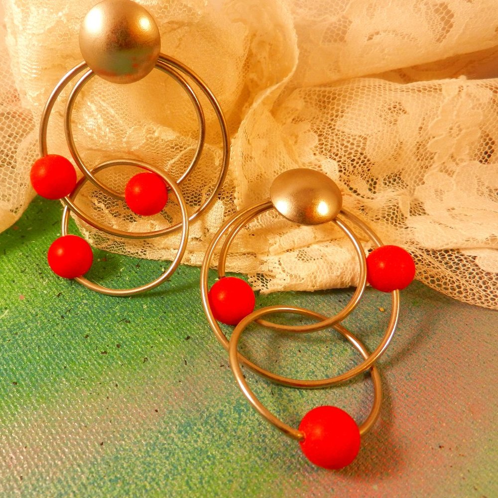 VTG Contempo pierced hoop earrings silver tone red beads drop and dangle loops
